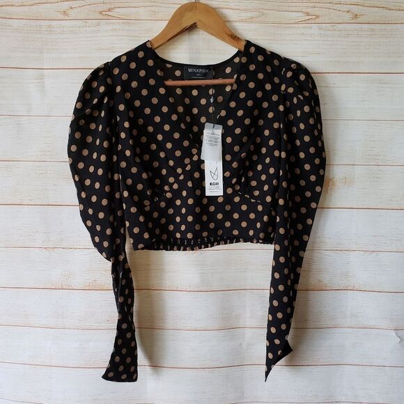 Minkpink Ayat Polka Dot Wrap Long Sleeve Cropped Top Revolve Black Size Small - Picture 2 of 9